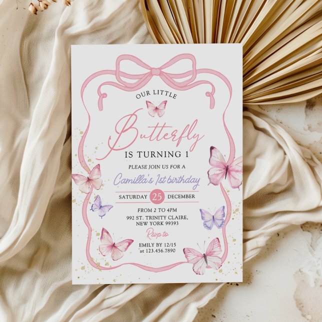 Invitation Fête d'anniversaire fille papillon arc rose pourpr (Créateur téléchargé)