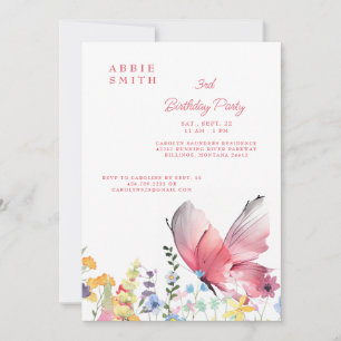 Invitation Fête d'anniversaire fille papillon et fleurs sauva
