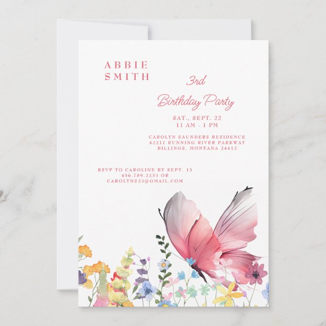 Invitation Fête d'anniversaire fille papillon et fleurs sauva (Devant)