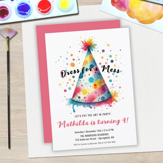 Invitation Fête d'anniversaire fille peinture artistique enfa (Dress Mess Kids Art Painting Party Girl Birthday Invitation)