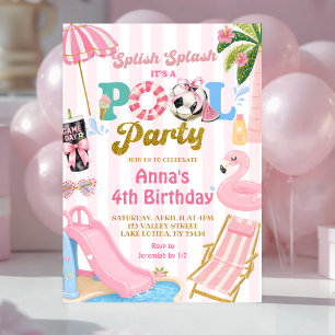 Invitation Fête d'anniversaire fille piscine football rayure 
