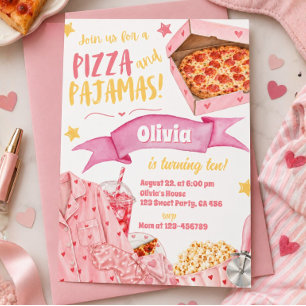 Invitation Fête d'anniversaire Fille Pyjama et Pizza Rose