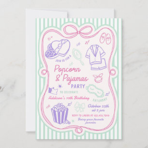 Invitation Fête d'anniversaire fille Pyjama Party Popcorn