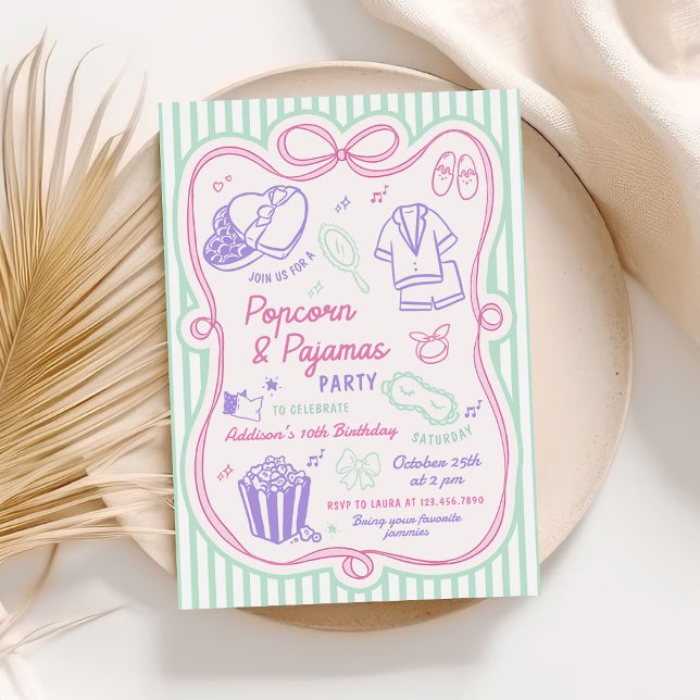 Invitation Fête d'anniversaire fille Pyjama Party Popcorn (Créateur téléchargé)