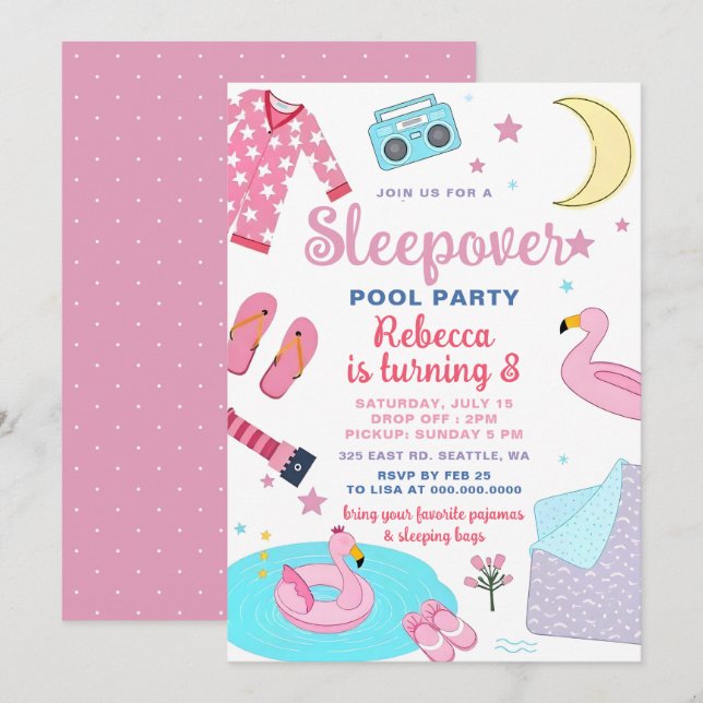 Invitation Fête d'anniversaire fille rose ados soirée pyjama  (Devant / Derrière)