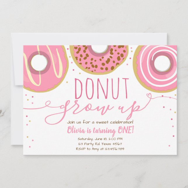 Invitation Fête d'anniversaire fille rose Donut grandis pas (Devant)