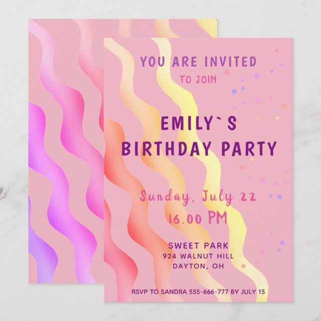 Invitation Fête d'anniversaire Fille Rose Étoiles et Vagues C (Devant / Derrière)