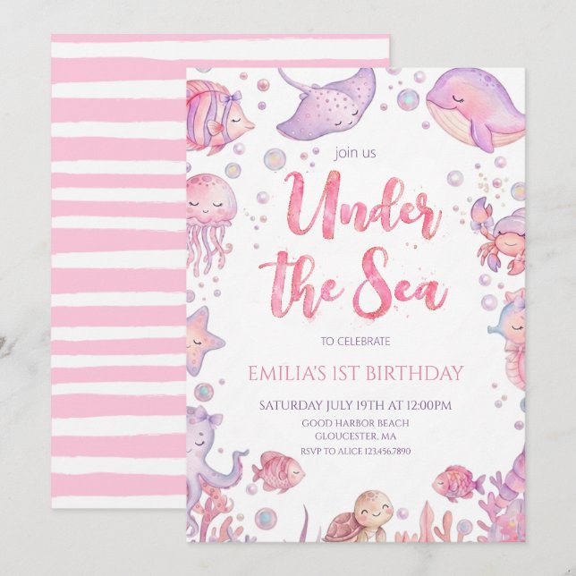 Invitation Fête d'anniversaire fille Rose sous la mer (Devant / Derrière)