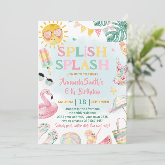 Invitation Fête d'anniversaire fille rose Splash Splash Pisci (Debout devant)