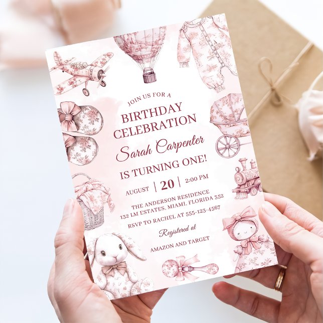 Invitation Fête d'anniversaire fille rose Toile De Jouy (Créateur téléchargé)