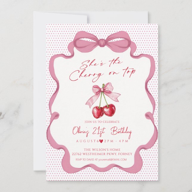 Invitation Fête d'anniversaire fille ruban cerise bow rose (Devant)