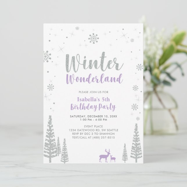 Invitation Fête d'anniversaire fille Silver & Purple Winter W (Debout devant)