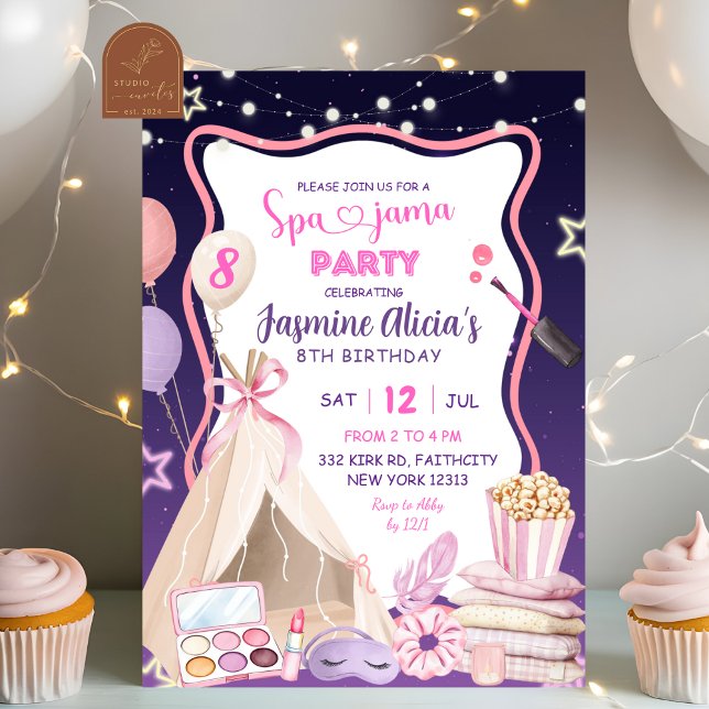 Invitation Fête d'anniversaire fille spa-tenue rose violet (Créateur téléchargé)