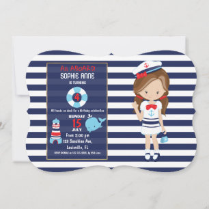 Invitation Fête d'anniversaire fille thème nautique bleu mari