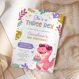 Invitation Fête d'anniversaire fille trois Rex dinosaure rose