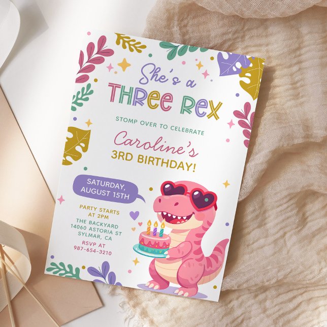 Invitation Fête d'anniversaire fille trois Rex dinosaure rose (Créateur téléchargé)