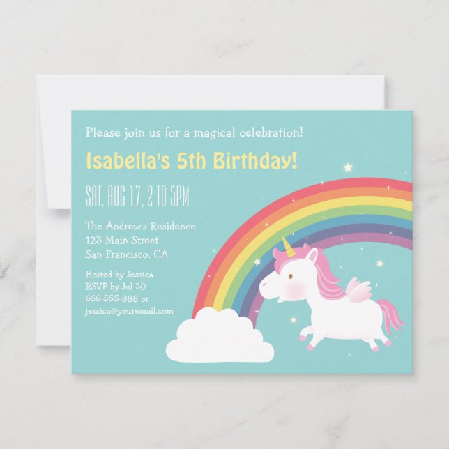Invitation Fête d'anniversaire Filles Arc-en-ciel et Licorne (Devant)