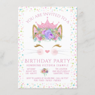 Invitation Fête d'anniversaire Filles Confettis Chat Kitty To