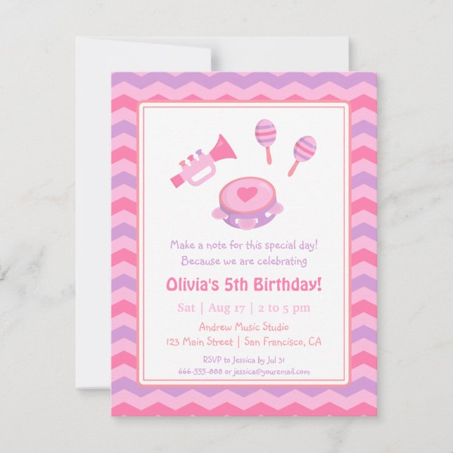 Invitation Fête d'anniversaire filles Instruments de musique (Devant)