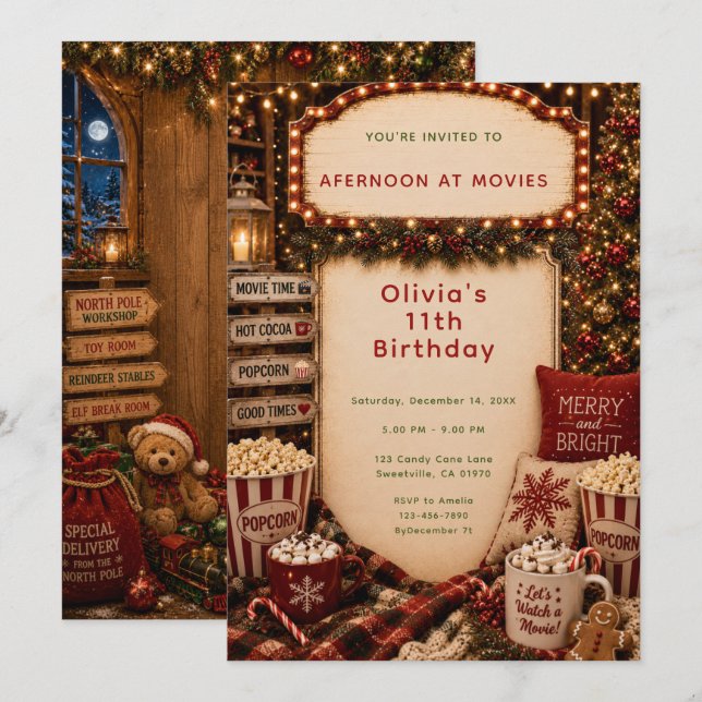Invitation Fête d'anniversaire film de Noël (Devant / Derrière)