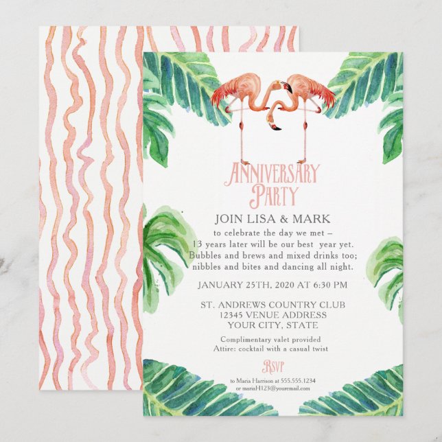 Invitation Fête d'anniversaire Flamant rose feuille rayée (Devant / Derrière)