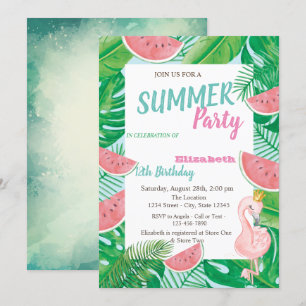 Invitation Fête d'anniversaire Flamant Rose Pastèque Feuille 