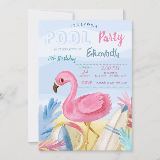 Invitation Fête d'anniversaire Flamants Roses Pool Party (Devant)