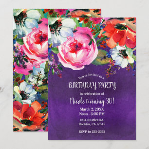 Invitation Fête d'anniversaire Fleur aquarelle brillante Viol