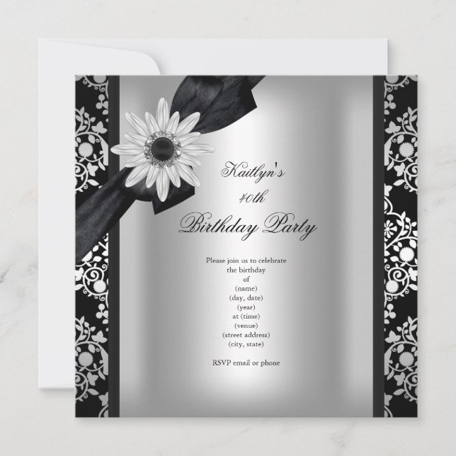Invitation Fête d'anniversaire Fleur de Damas argent gris noi (Devant)