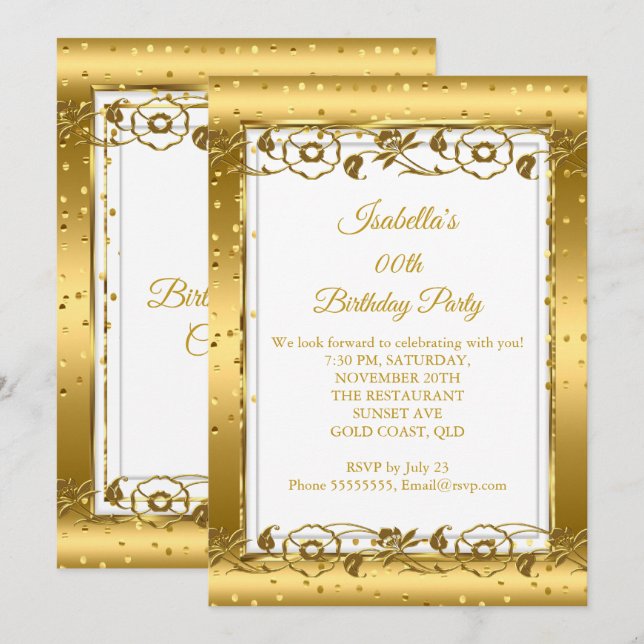Invitation Fête d'anniversaire Fleur d'Or Paillettes Blanches (Devant / Derrière)