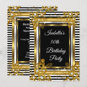 Invitation Fête d'anniversaire Fleur rayée or noir et blanc