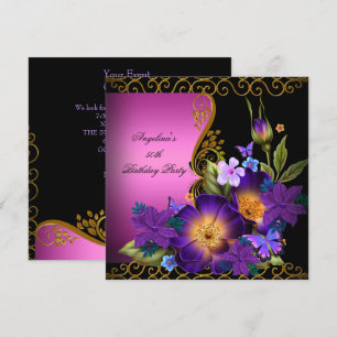 Invitation Fête d'anniversaire Fleur Rose Violet Noir Or