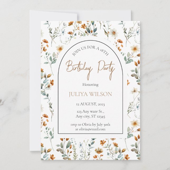 Invitation Fête d'anniversaire fleur sauvage (Devant)