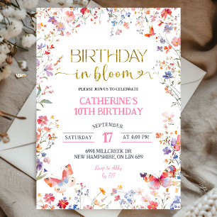 Invitation Fête d'anniversaire Fleur sauvage rose en fleurs