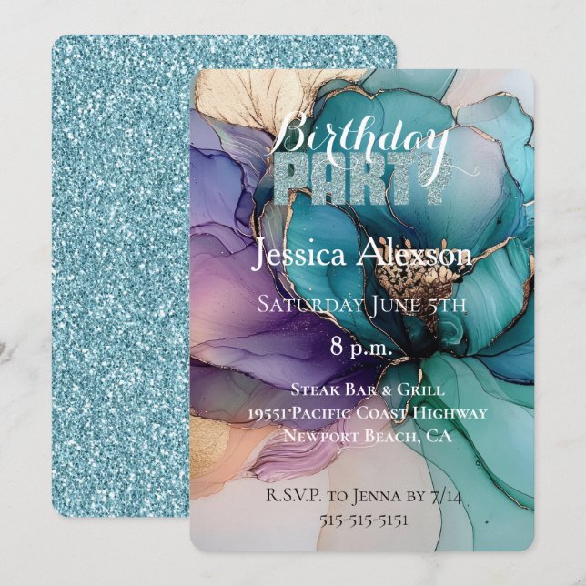 Invitation Fête d'anniversaire Fleur Violette Paillettes Bleu (Devant / Derrière)