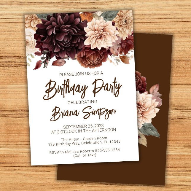 Invitation Fête d'anniversaire Fleurs Beige Marron (Créateur téléchargé)