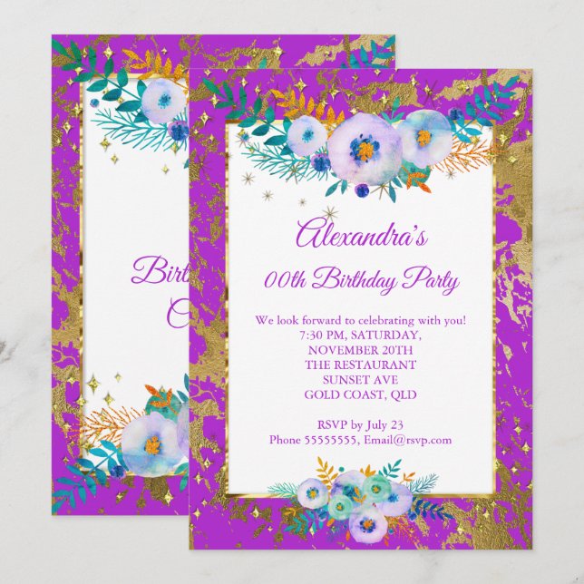 Invitation Fête d'anniversaire Fleurs Bleu Turquoise Or Viole (Devant / Derrière)