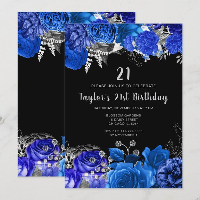 Invitation Fête d'anniversaire Fleurs Bleues et Argentées Élé (Devant / Derrière)