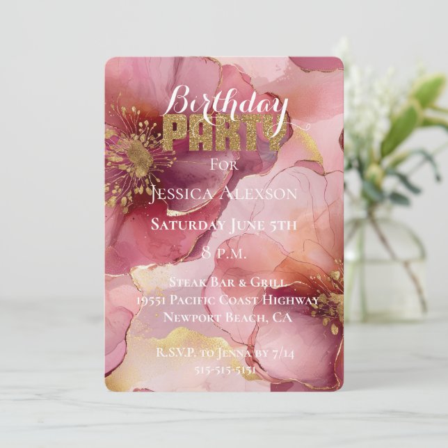 Invitation Fête d'anniversaire Fleurs Burgundy Blush Pailleté (Debout devant)