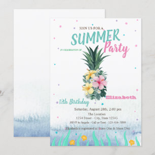 Invitation Fête d'anniversaire Fleurs d'ananas Coquillages