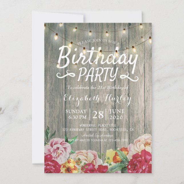 Invitation Fête d'anniversaire Fleurs de bois rustiques et lu (Devant)