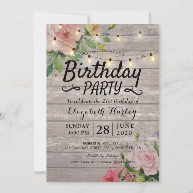 Invitation Fête d'anniversaire Fleurs de bois rustiques et lu (Devant)