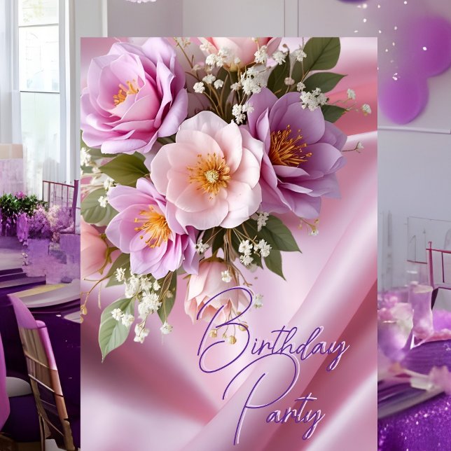 Invitation Fête d'anniversaire Fleurs de soie rose lilas (Créateur téléchargé)