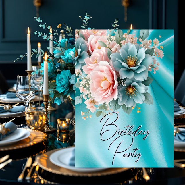 Invitation Fête d'anniversaire Fleurs en soie sarcelle rose b (Créateur téléchargé)