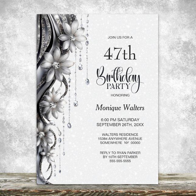 Invitation Fête d'anniversaire Fleurs et Diamants Tout Âge (Créateur téléchargé)