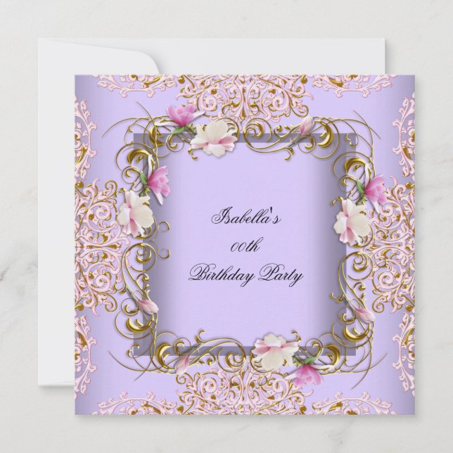Invitation Fête d'anniversaire Fleurs Or Damassé Violet Rose (Devant)