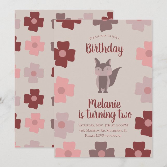 Invitation Fête d'anniversaire Fleurs Renard Rustique de la F (Devant / Derrière)