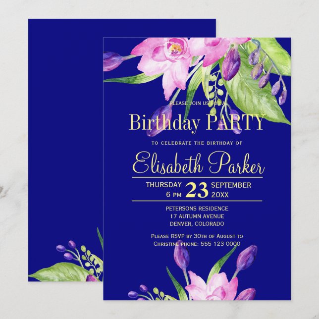 Invitation Fête d'anniversaire fleurs rose pastel marine aqua (Devant / Derrière)