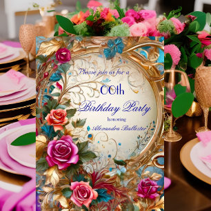 Invitation Fête d'anniversaire fleurs roses bleues or rose vi