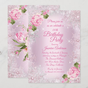 Invitation Fête d'anniversaire Fleurs roses Hiver merveilleux